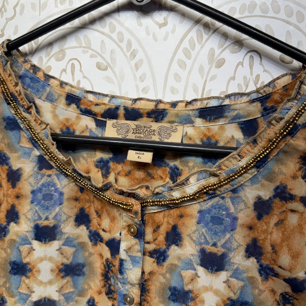Nine West Vintage America Blouse Blue Orange Ikat Beaded Neck 3/4 Sleeve Large - Picture 4 of 8